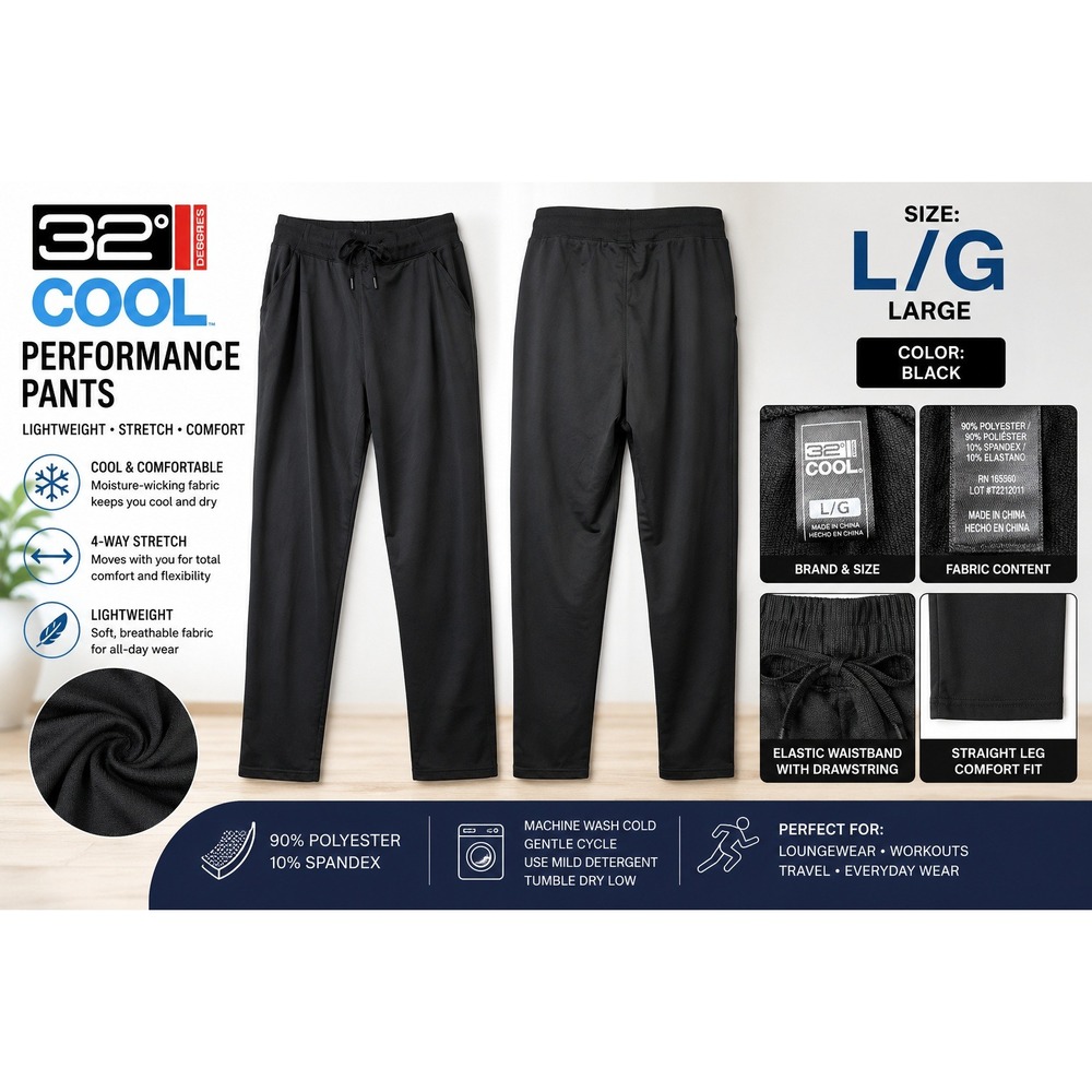 32 Degrees Cool Performance Pants Black Straight Leg Stretch Mens Large L/G